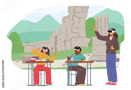 Ancient history teacher teaching students using virtual reality glasses and interactive cyberspace