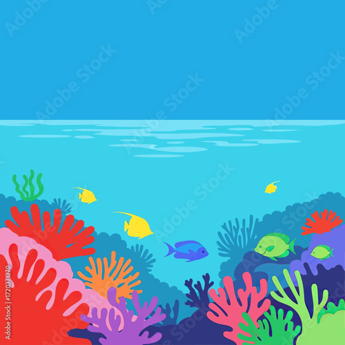 Colorful underwater scene with coral reef and fish illustration.