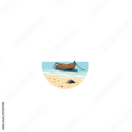 A small wooden rowboat is moored near a sandy beach with a few rocks and clear blue water.