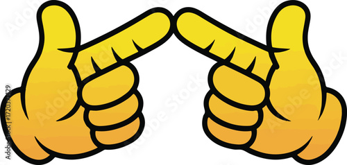 Two yellow cartoon hands pointing fingers at each other on white background
