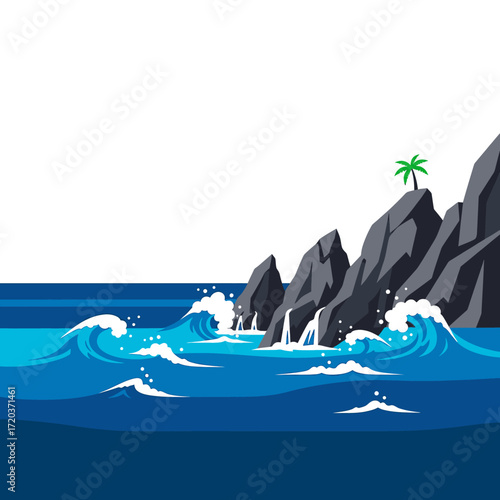 Illustration of a coastal scene featuring ocean waves crashing against rocky cliffs with a palm tree.