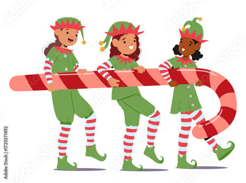 Cute funny Christmas elves cartoon characters carrying candy cane traditional holiday treat
