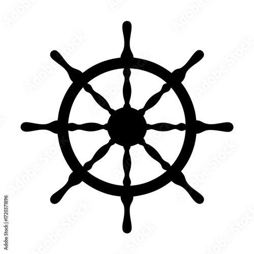Vector art of ship wheel silhouette, representing navigation, control, and maritime adventures with a classic nautical symbol