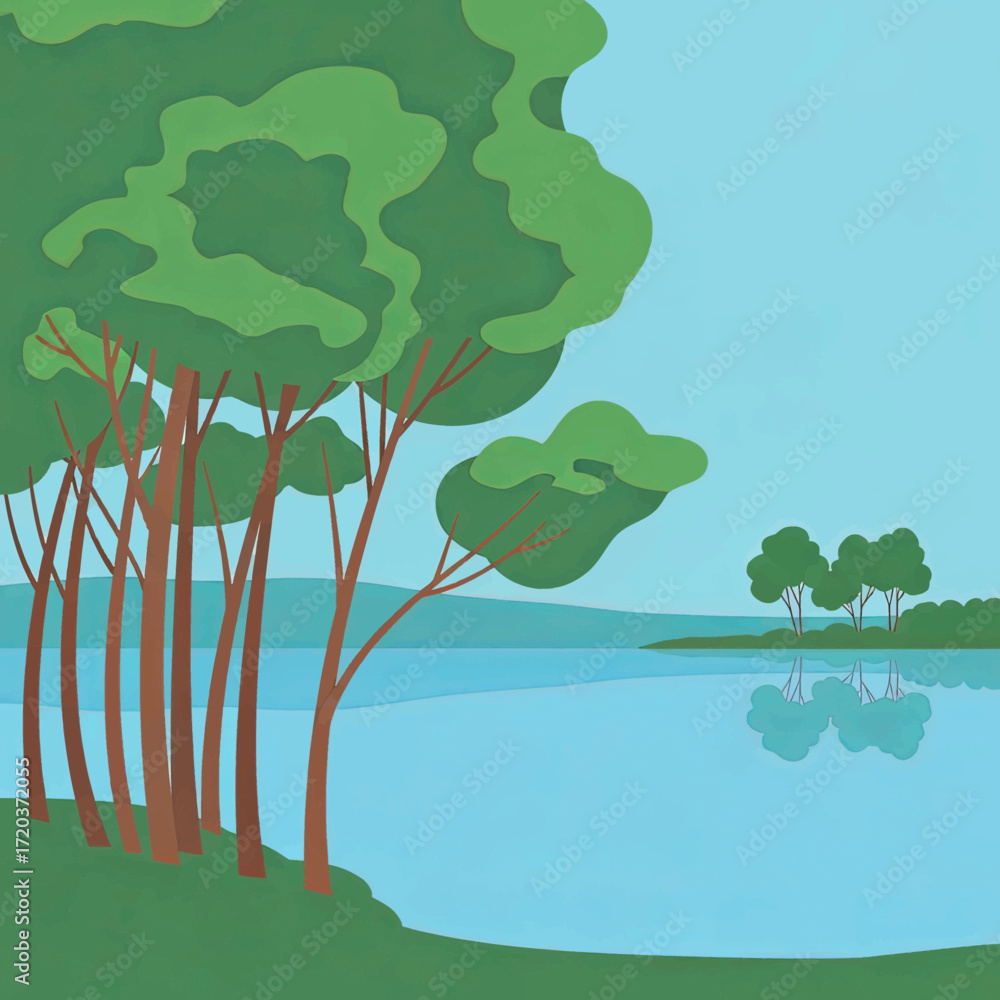 Fototapeta premium A serene landscape painting of a lake with trees along the shore.
