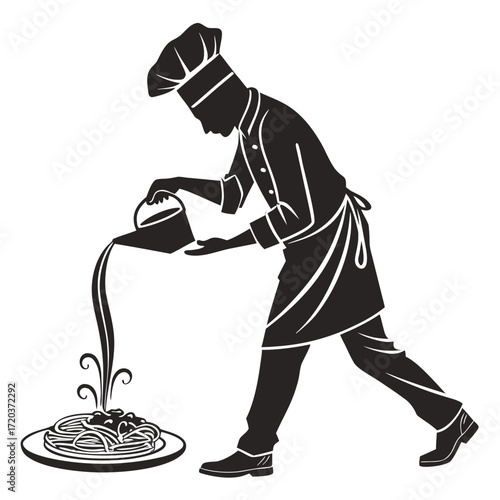 Chef pouring sauce over dish silhouette