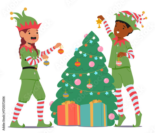 Cute Christmas elves cartoon children characters decorating fir tree with festive balls ornaments