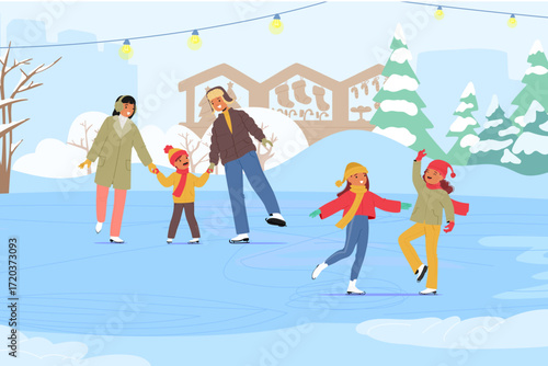 Winter ice skating in urban park cartoon scene with happy family and children wearing warm clothes