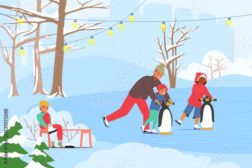 Happy family ice skating rejoicing winter sport activity and Christmas holiday vacation enjoyment