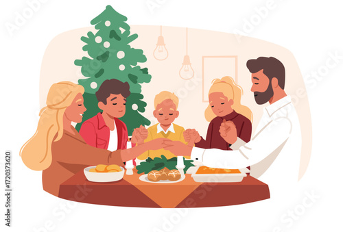 Happy family praying while sitting at festive dinner table with Christmas dishes cartoon background