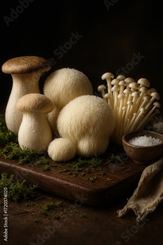 Cinematic hyper-detailed food scene of rare wild mushrooms with moss and lichens on walnut cutting board, premium editorial style