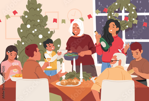 Big family celebrating Christmas winter holiday gathering together for festive dinner at home