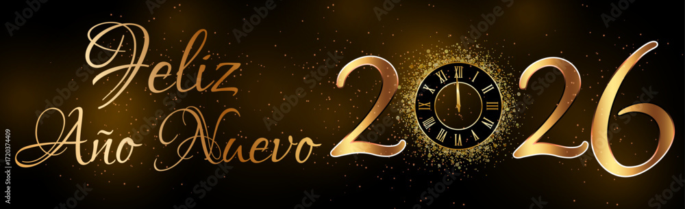 Una tarjeta o pancarta para desear un feliz año nuevo 2026 en dorado; el 0 se reemplaza por un reloj sobre un fondo degradado negro y marrón.