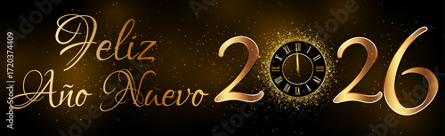 Una tarjeta o pancarta para desear un feliz año nuevo 2026 en dorado; el 0 se reemplaza por un reloj sobre un fondo degradado negro y marrón.