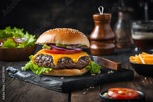 Gourmet Burger on Slate Plate with Detail