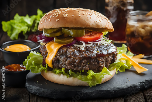 Gourmet Burger on Slate Plate with Detail
