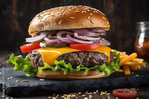 Gourmet Burger on Slate Plate with Detail