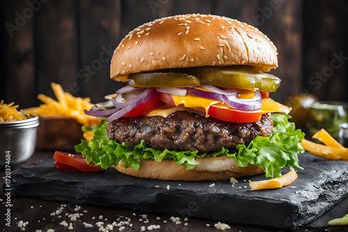 Gourmet Burger on Slate Plate with Detail