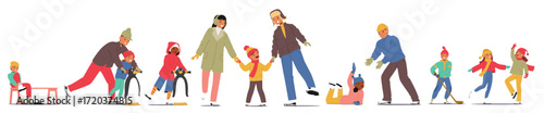 Set of adults and children cartoon character wearing warm clothes and skates enjoying ice skating