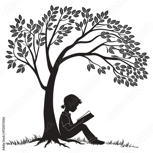 Child reading book under tree silhouette