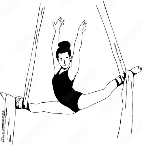A girl is performing exercises on an aerial silks. Vector illustration.
