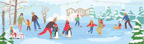 Happy family and children enjoying skating ice rink in winter park decorated for Christmas vacation