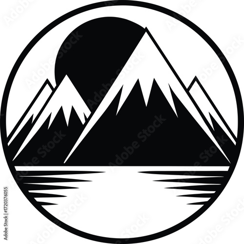 Circular mountain landscape silhouette with sun and water reflection