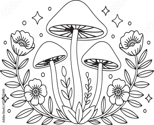 Black and white illustration of three mushrooms with flowers and stars fungi nature