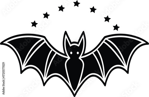 Black Silhouette Bat with Stars in Arc Vector Graphic flying night