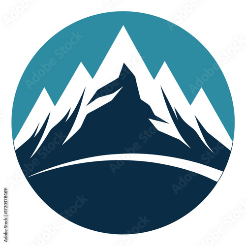 Majestic snow-capped mountains peaks in circular emblem