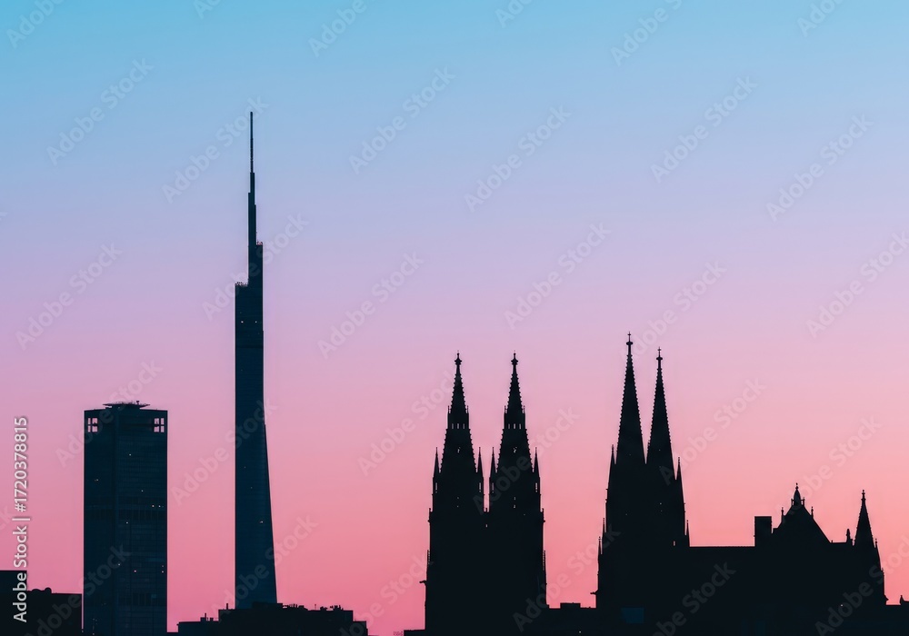 Obraz premium Pastel sky with landmark silhouettes