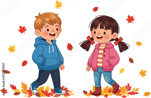 Cute happy little boy and girl playing in autumn leaves, brother and sister having fun, childhood seasonal activity, fall and autumn concept