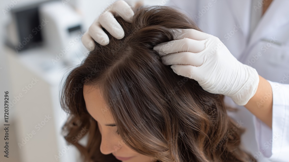 Naklejka premium Dermatologist in gloves examining a woman's scalp and hair for diagnosis