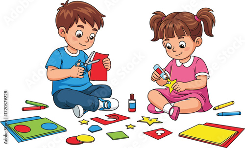 Cute happy little boy and girl doing paper crafts, brother and sister making art, childhood creative activity, education and fun on white