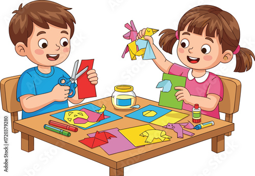 Cute happy little boy and girl doing paper crafts, brother and sister making art, childhood creative activity, education and fun on white