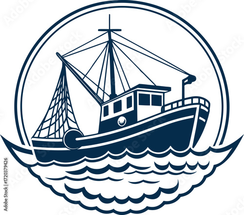 Fishing Trawler Boat on Waves Emblem Navy Blue fishing boat vessel