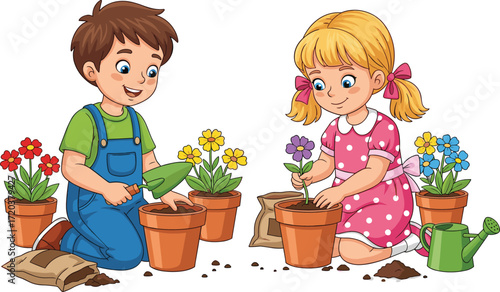 Cute happy little boy and girl planting flowers, brother and sister gardening together, childhood spring activity and nature education on white