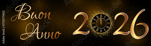 Un biglietto o uno striscione per augurare un felice anno nuovo 2026 in oro; lo 0 è sostituito da un orologio su uno sfondo sfumato nero e marrone.