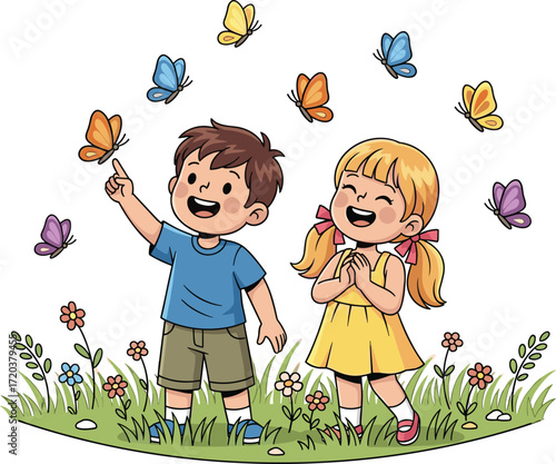Cute happy little boy and girl playing in the garden, brother and sister watching colorful butterflies, childhood nature discovery and fun