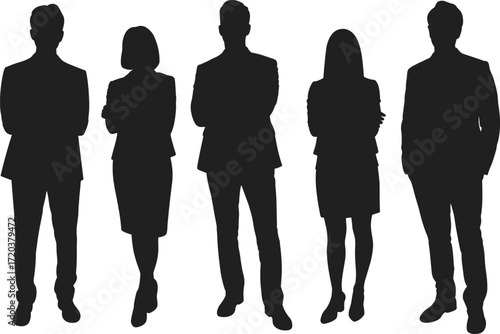 Set of business people silhouettes, male and female colleagues standing together, professional group, team unity and collaboration concept on white