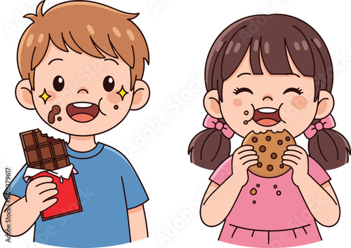 Cute happy little boy and girl children eating chocolate bar and cookie, brother and sister enjoying sweet snack, childhood junk food