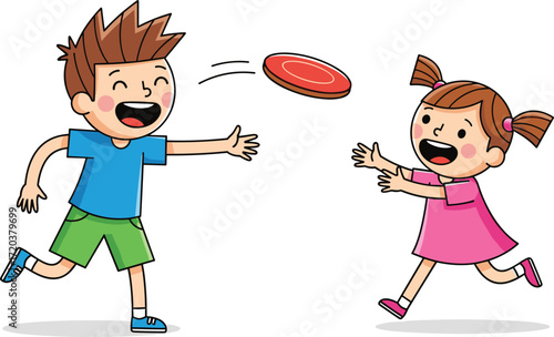 Happy little boy and girl playing frisbee in a park, laughing and having fun on a sunny day