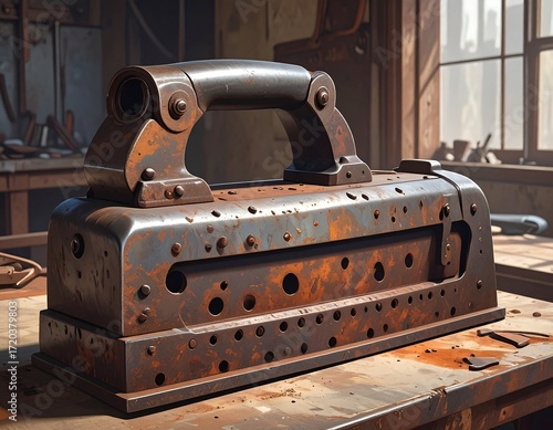 Rusted antique iron on workbench
