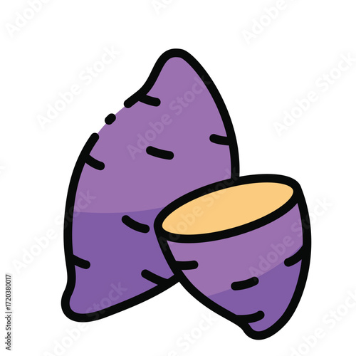 Two purple sweet potatoes one whole and one halved