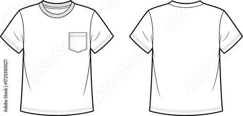 Men's white blank pocket t-shirt vector mockup front and back view, apparel template for fashion design and technical drawings