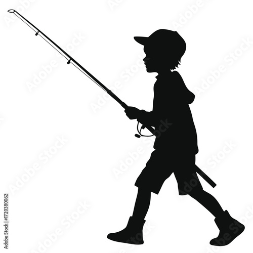 Boy walking with fishing pole silhouette