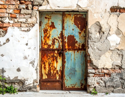 Rusted metal door in crumbling wall
