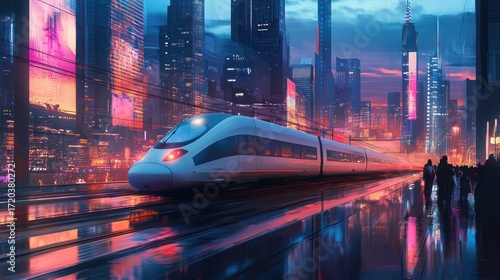Futuristic Cityscape: High-Speed Train at Night