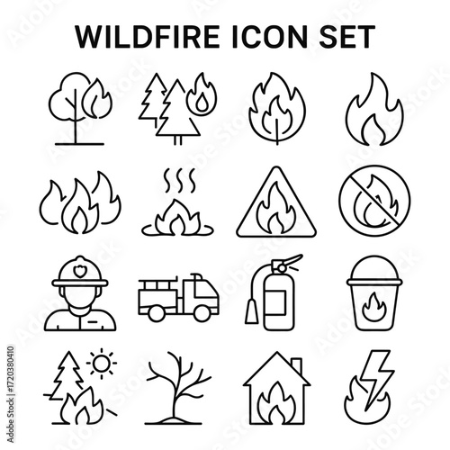 Fire emergency evacuation icons collection. Outline symbols. Line design
