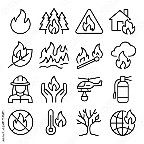 Natural disaster wildfire icons. Outline symbols. Line design