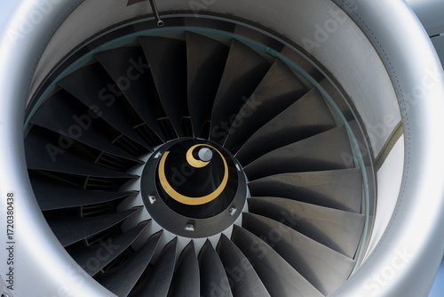 Jet engine - detail and closeup of aeroplane, airplane and plane. Shallow focus.